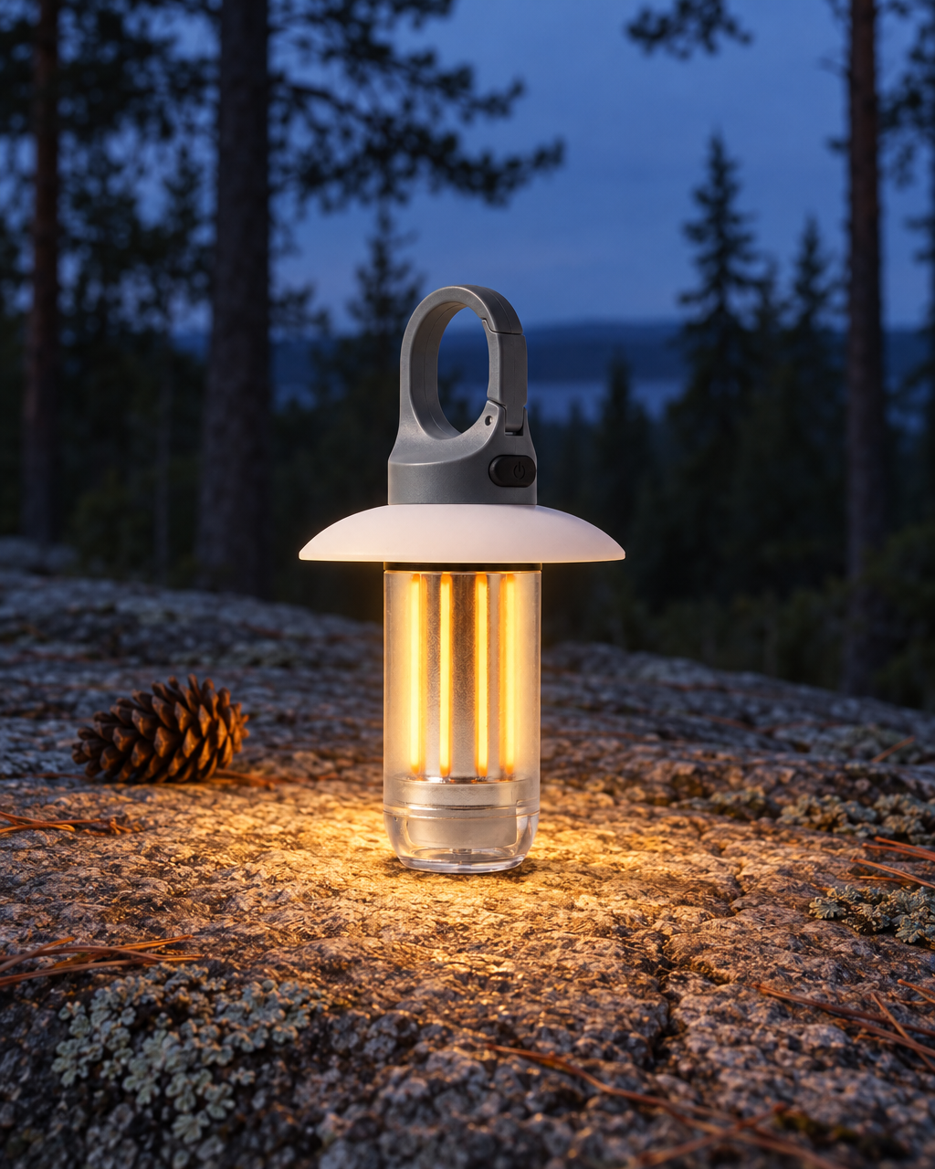 The camping lantern glowing warm on a granite ledge at dusk beside a pine cone, forest behind