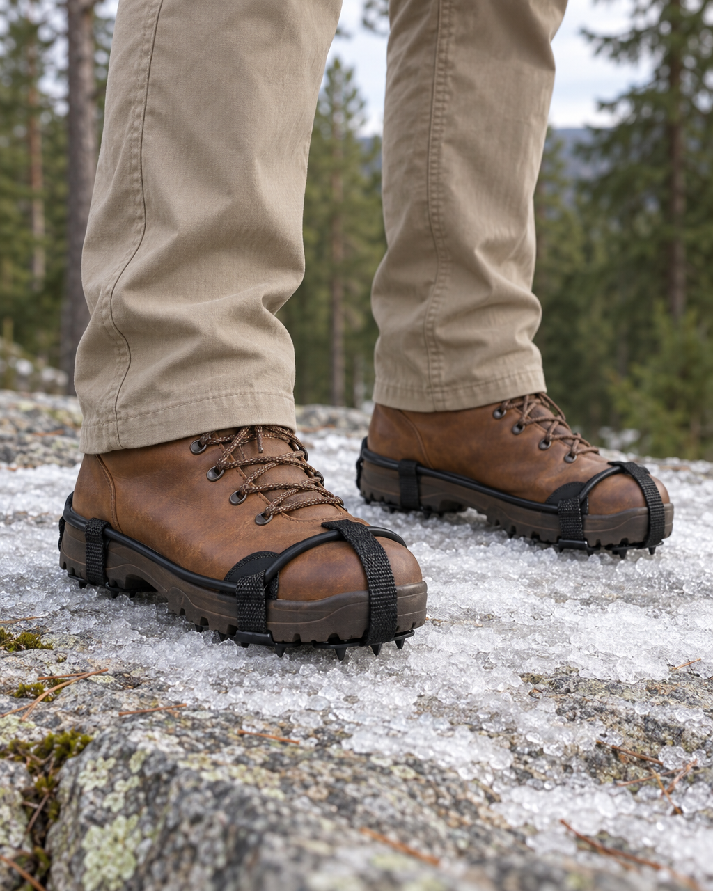 Black ice crampons stretched over brown leather hiking boots on icy granite, a webbing strap across each toe