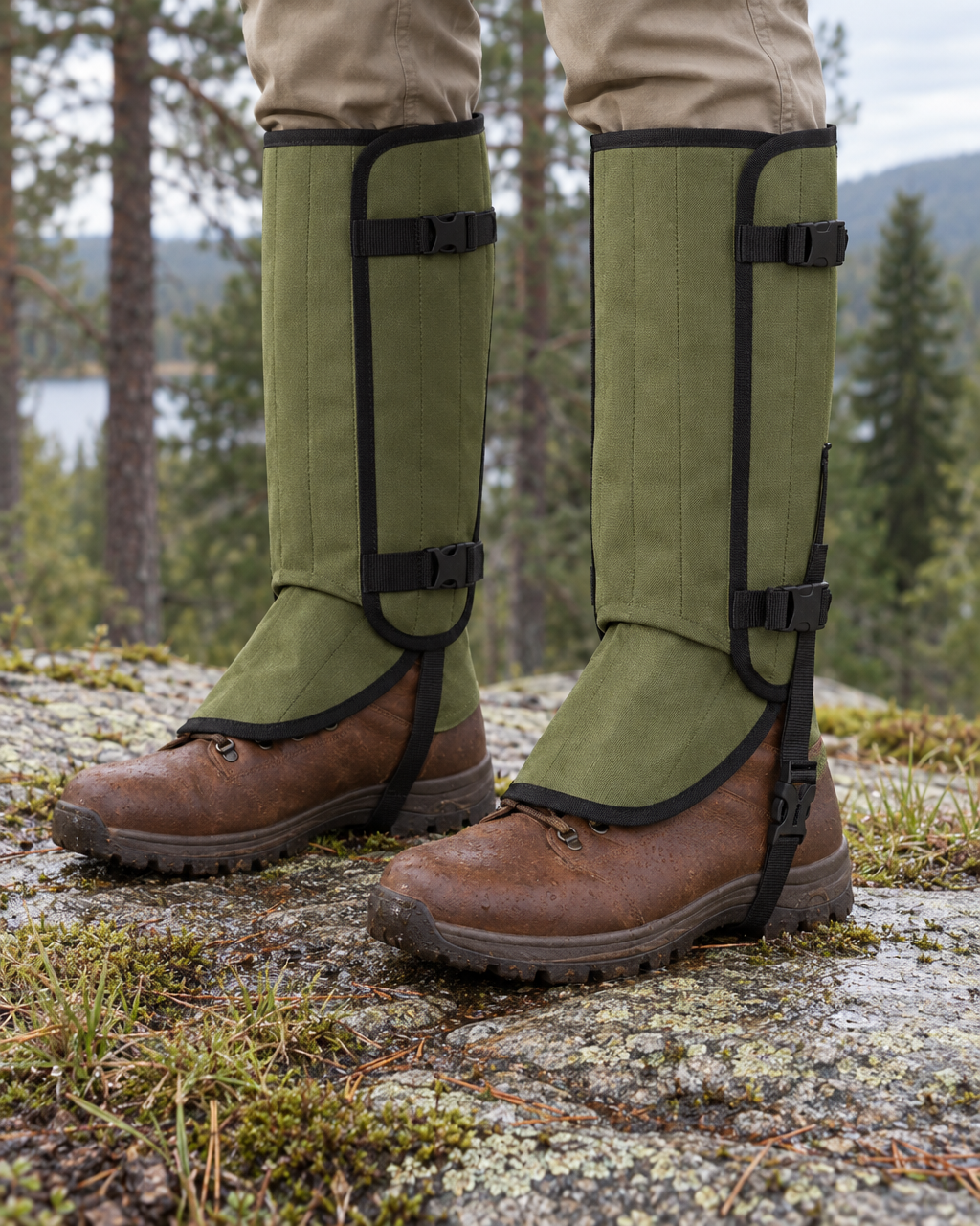 Army green knee-high gaiters worn over brown leather hiking boots with beige trousers tucked in, standing on wet granite and moss