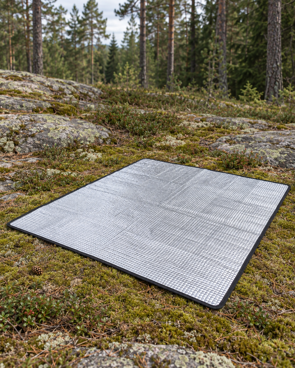 Silver foil foam ground mat spread flat on moss in a forest clearing, black binding round the edge