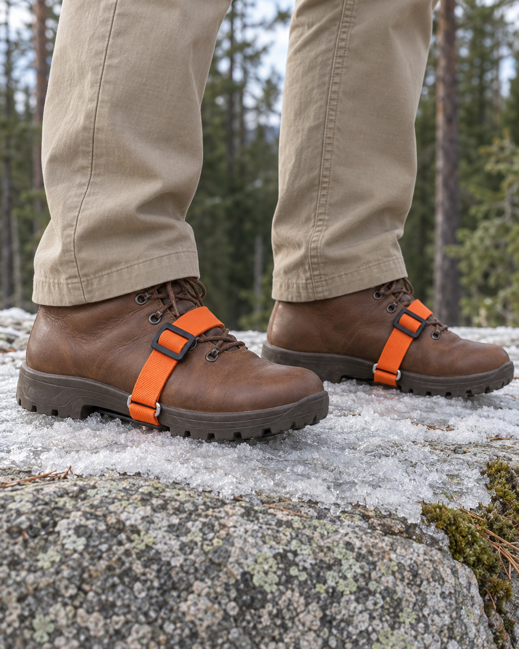 Mid-sole ice cleats strapped under the arch of brown leather hiking boots, orange strap and buckle over the instep, on icy granite