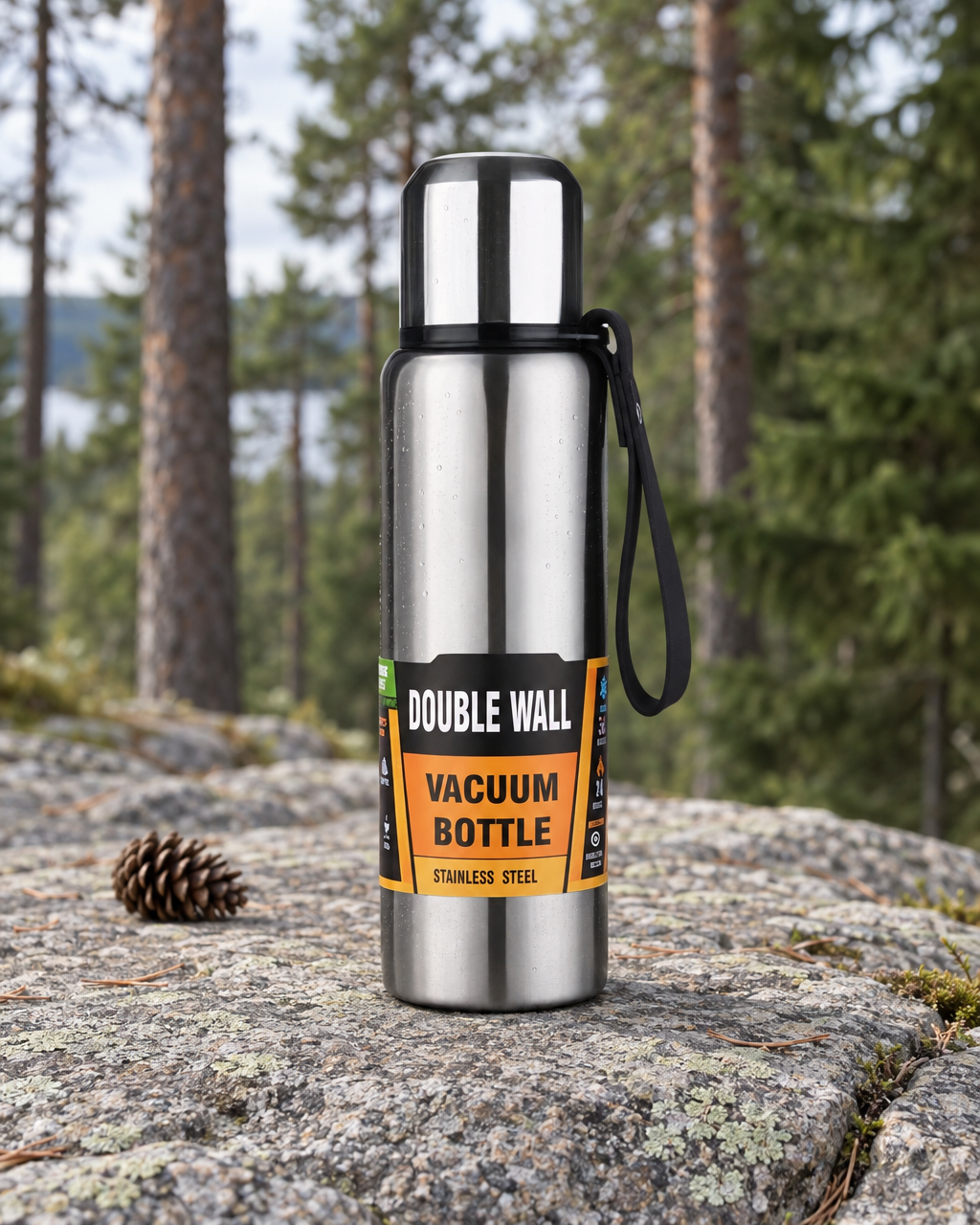 Silver vacuum flask with drops of condensation standing on a granite ledge beside a pine cone at the forest edge