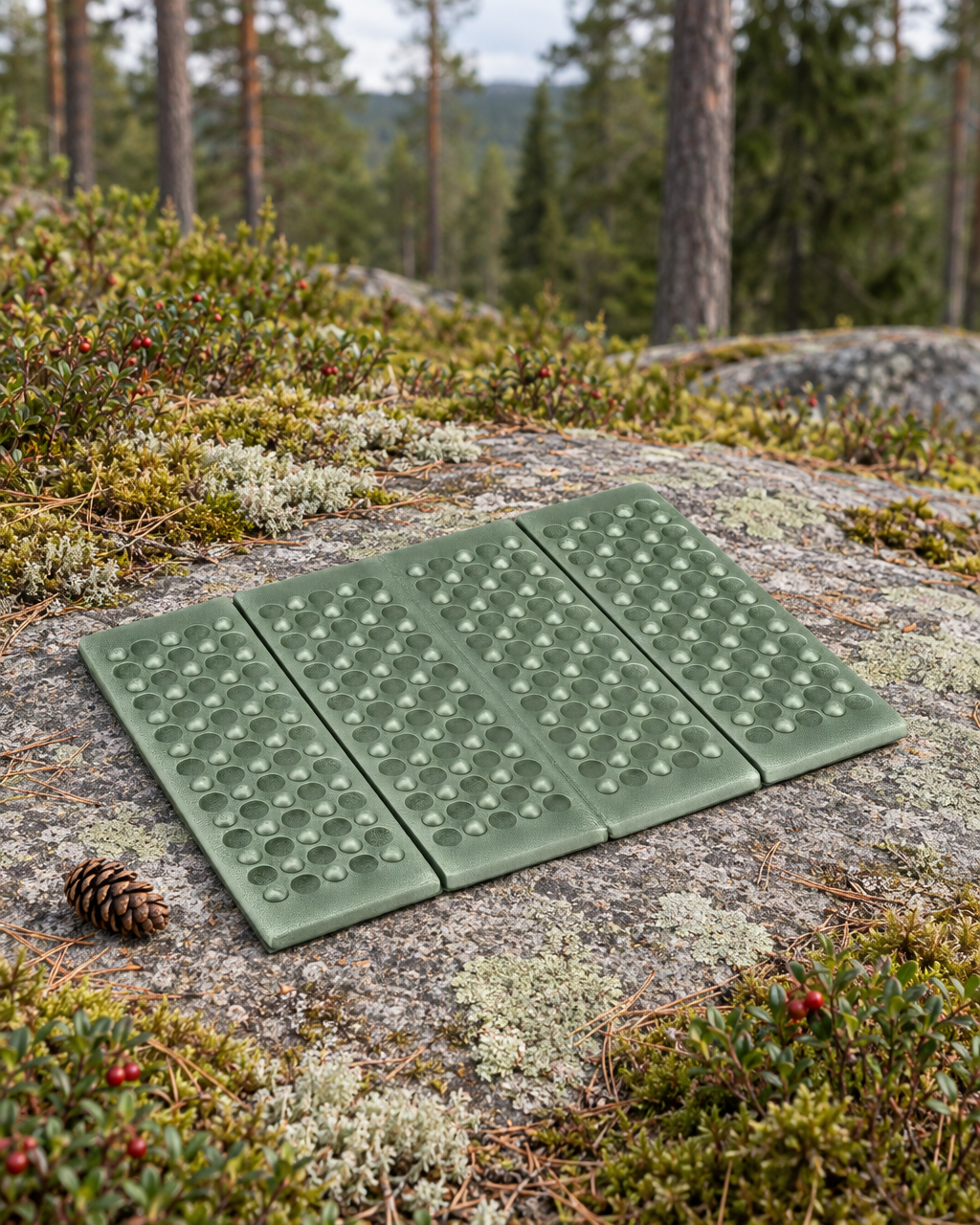 Sage green folding foam sit pad lying unfolded on a granite slab among moss and lingonberry in a pine forest