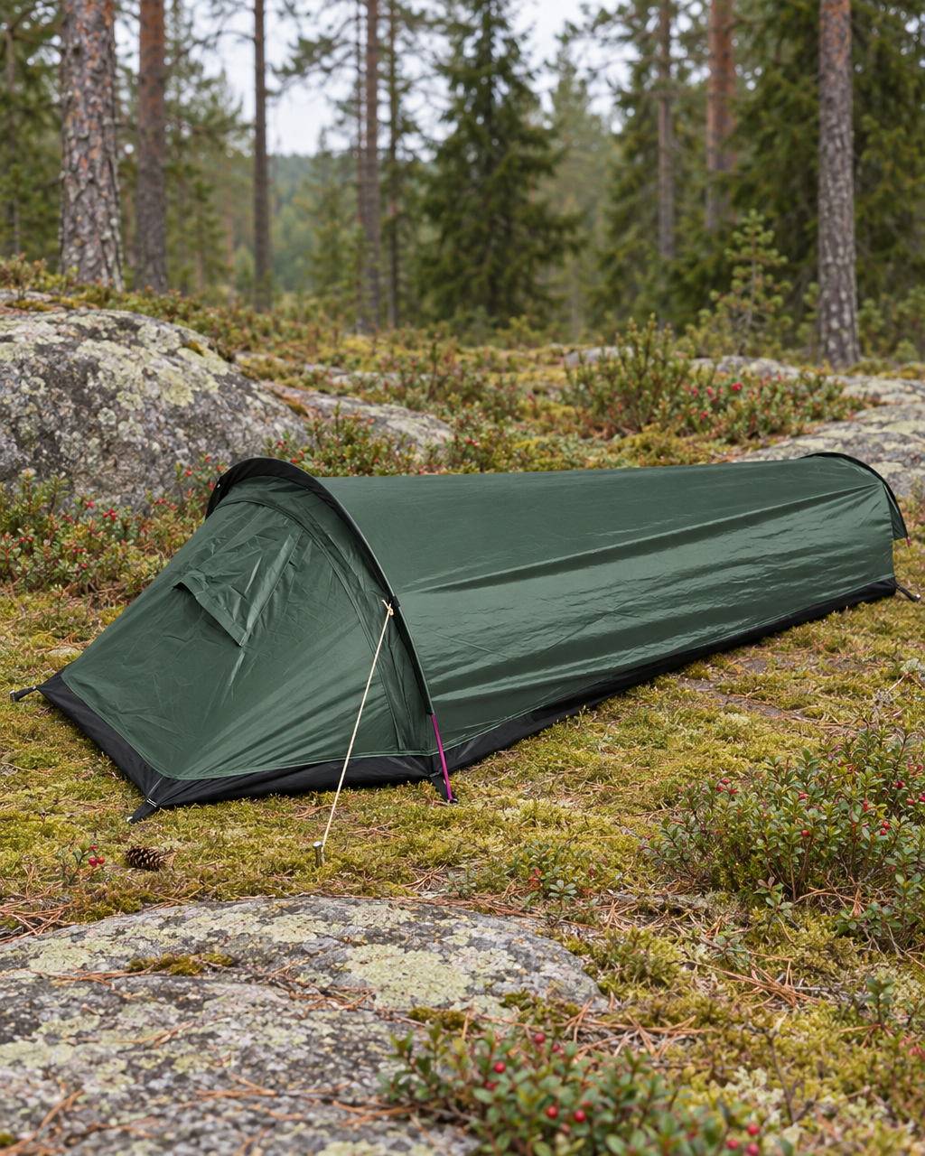 Dark green bivy tent pitched on moss between granite slabs, its guy line pegged, lingonberry sprigs around it