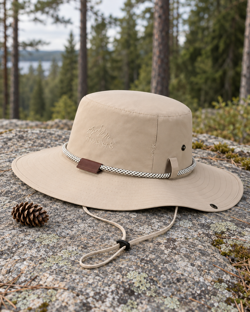 Beige wide brim hiking hat resting on a granite ledge beside a pine cone, chin strap on the stone