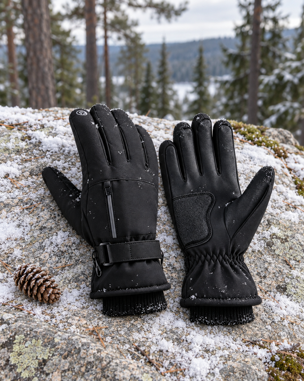 Black winter hiking gloves with a zip pocket lying on snow-dusted granite beside a pine cone at the forest edge