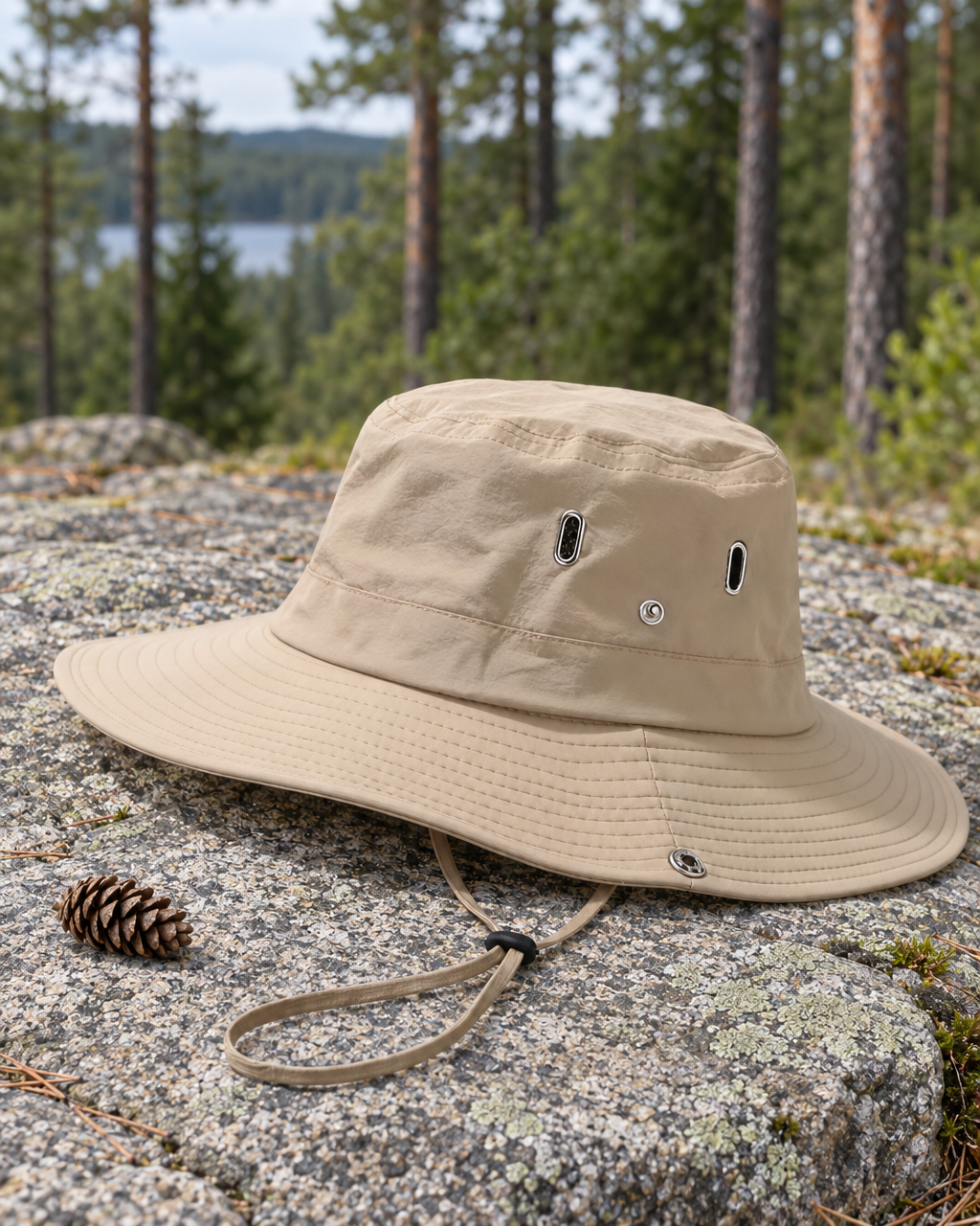 Beige wide-brim hiking hat resting on a granite ledge beside a pine cone, pine forest and a lake behind
