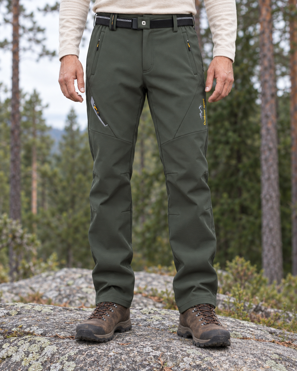 Man wearing the dark green fleece-lined softshell hiking trousers with a belt and brown hiking boots on a granite ledge, waist to feet