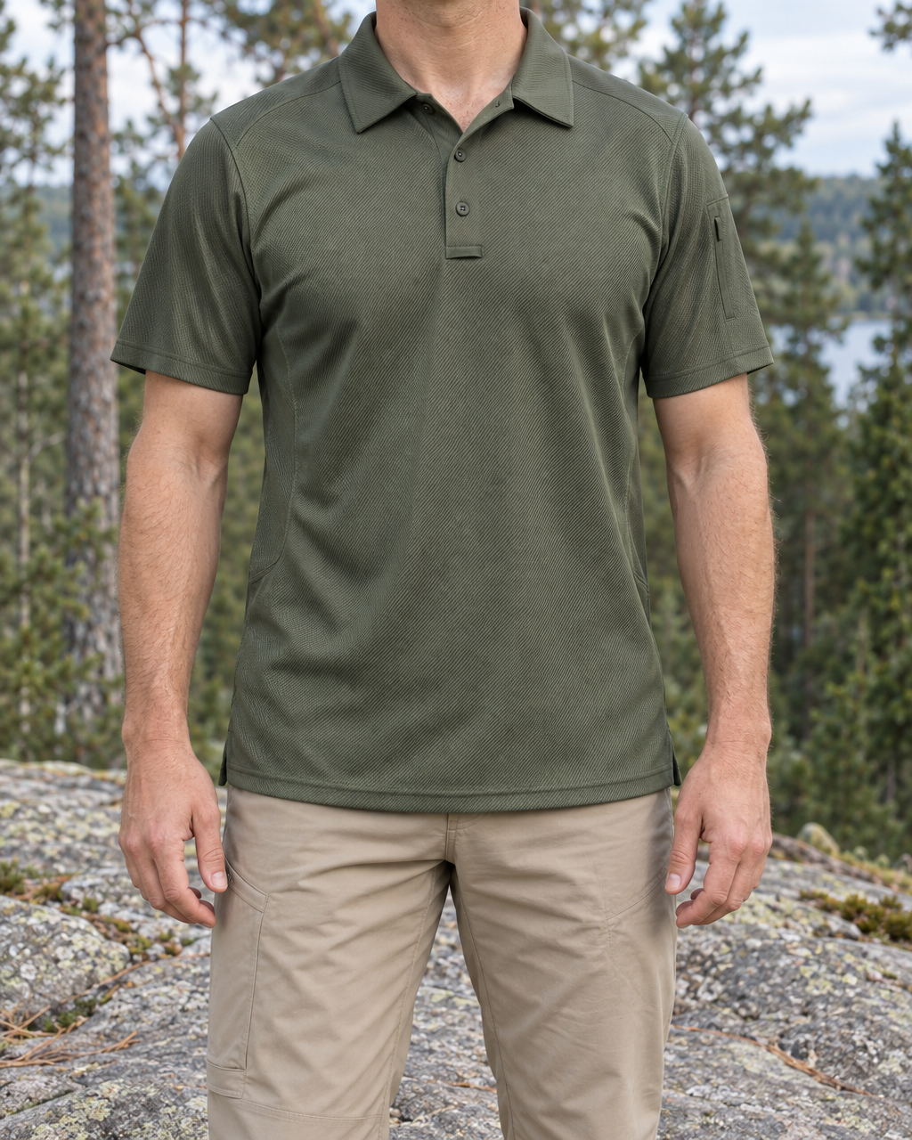 Man wearing the army green short-sleeved hiking polo shirt untucked over beige trousers, the slim pocket on his left sleeve, standing on a granite ledge by a pine forest