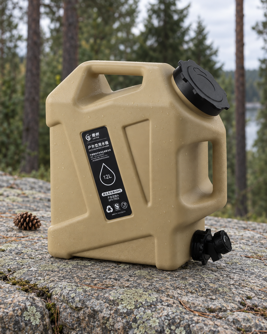 Sand-coloured 12 litre water container with drops of water on its sides, standing on a granite ledge at the forest edge beside a pine cone