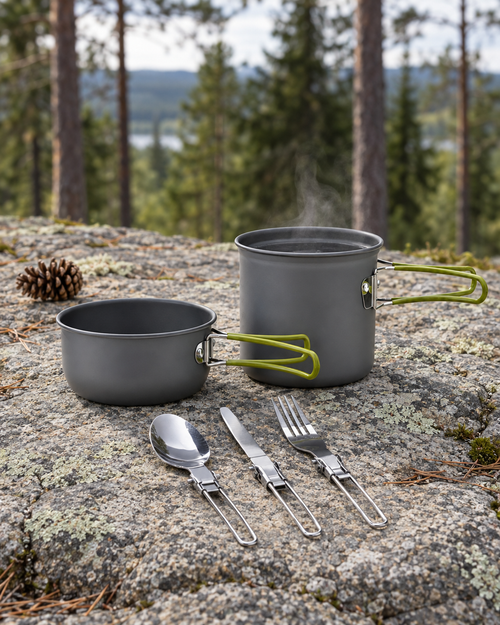 The two grey pots on a granite ledge in a pine forest, steam rising from the tall pot, with the folding spoon, knife and fork in front