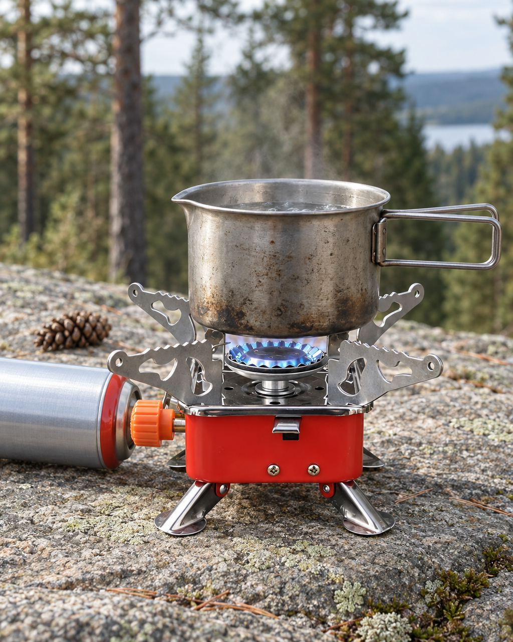 Red square camping stove lit on a granite ledge, a steel pot of water on its supports and a butane cassette cartridge attached at the side