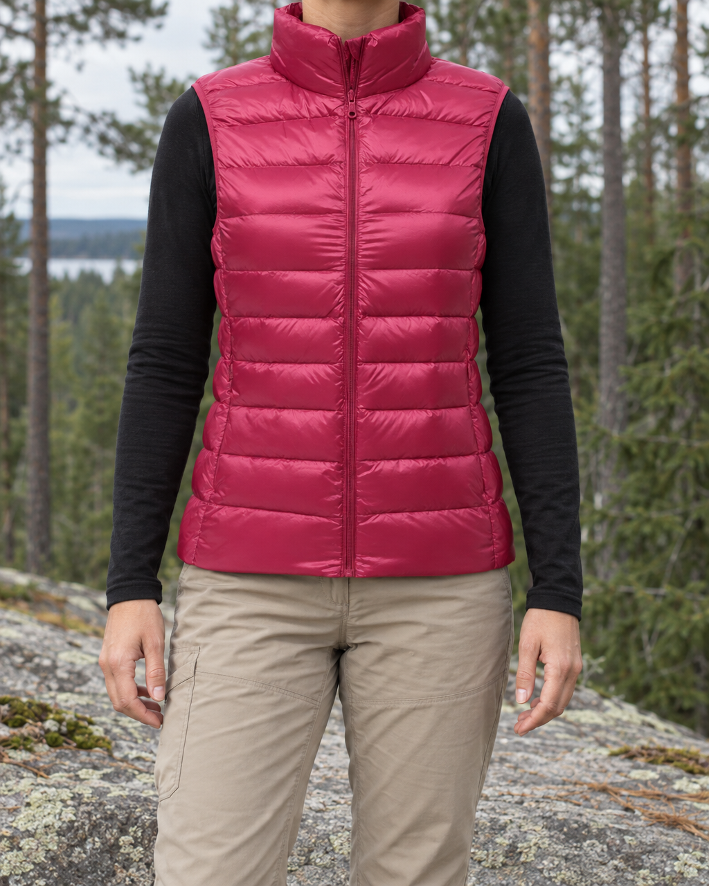 Woman wearing the raspberry pink quilted puffer vest over a black long-sleeved top on a granite ledge, pine forest behind