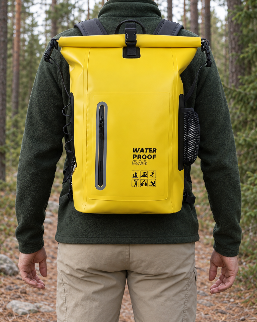 Hiker seen from behind on a pine forest trail wearing the yellow 30 L roll-top dry backpack
