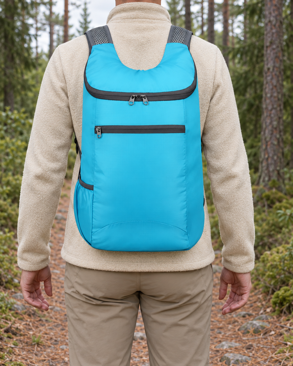 Walker in a cream fleece seen from behind, wearing the sky blue packable daypack on a forest path