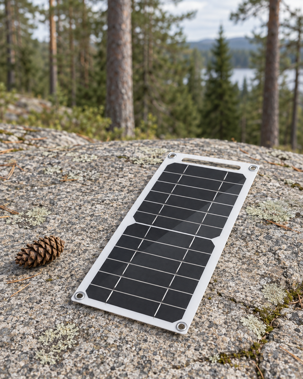Solar panel charger lying on a granite ledge beside a pine cone at the edge of a pine forest