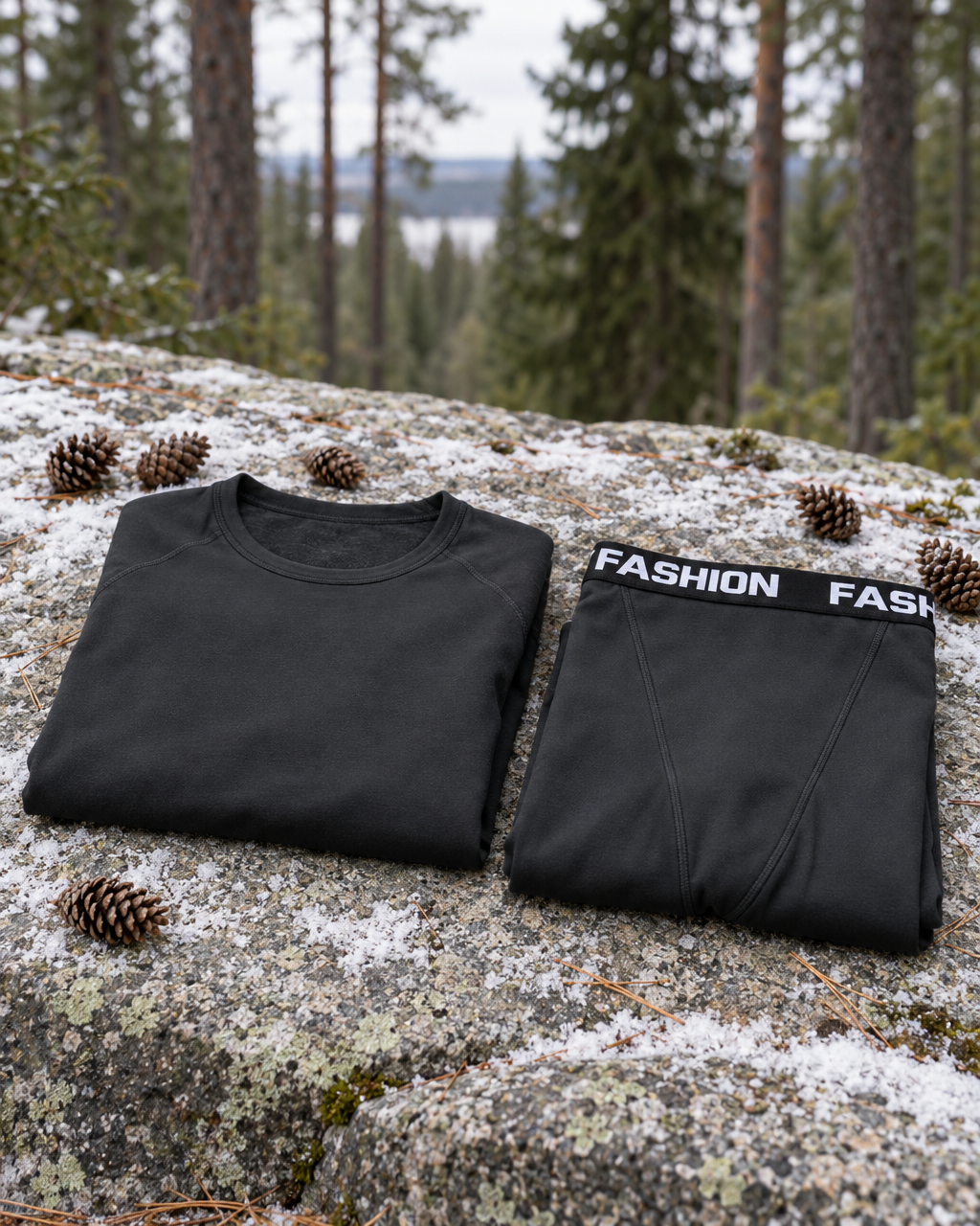 Black thermal base layer top and leggings folded side by side on snow-dusted granite in a pine forest