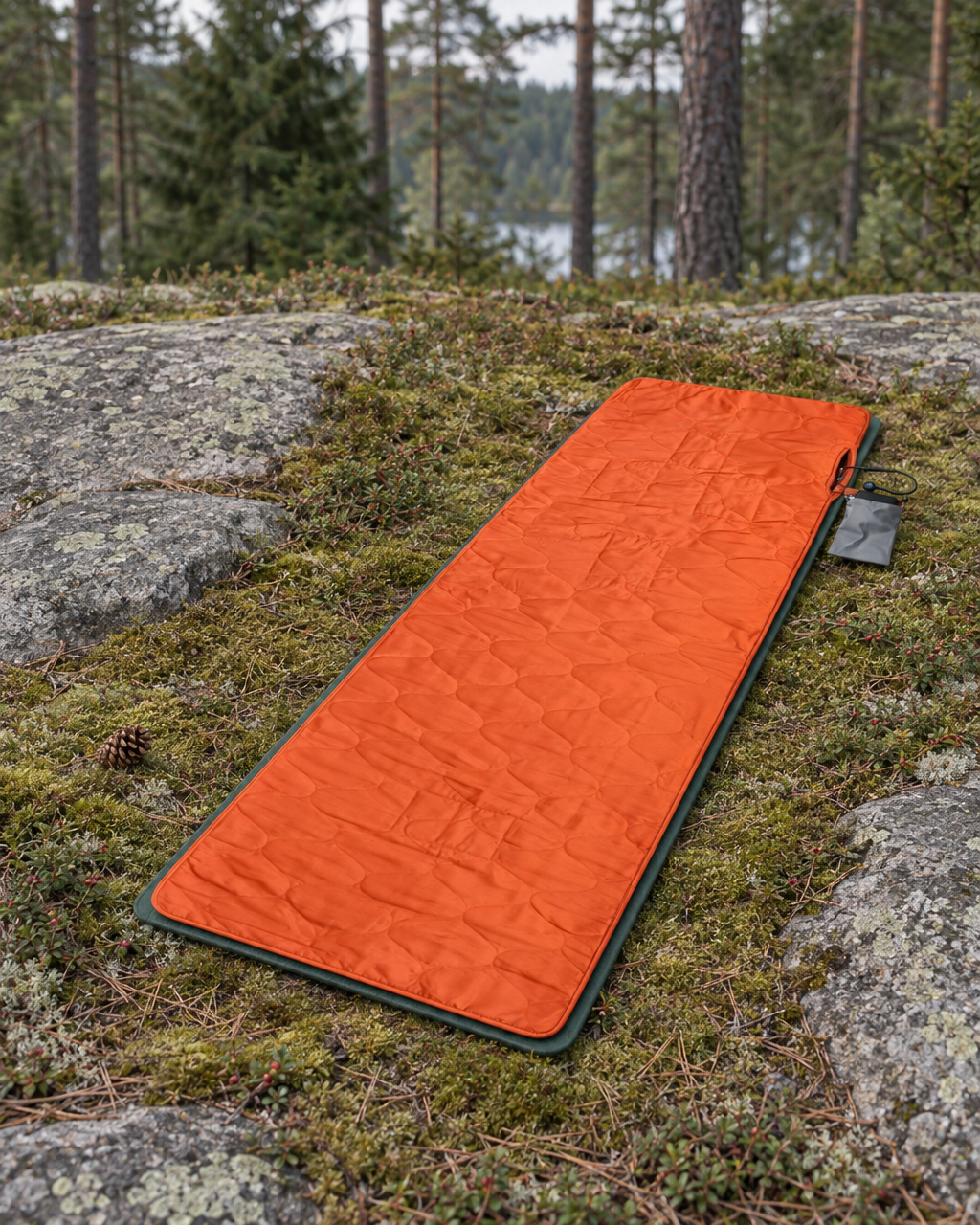 Orange heated sleeping pad laid on a green foam mat on moss between granite slabs at the edge of a pine forest