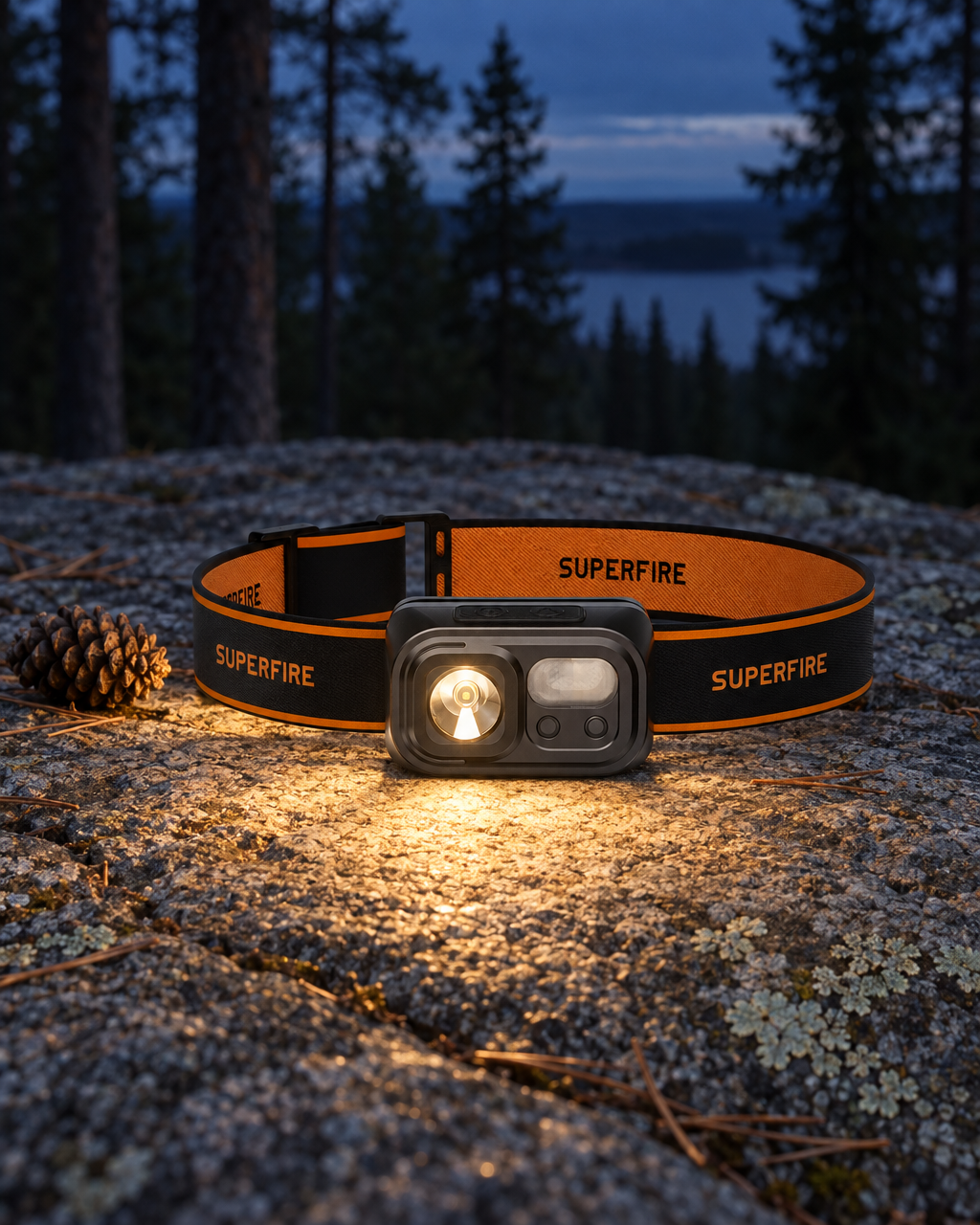 The black and orange headlamp switched on at blue hour on a granite ledge, its beam lighting the stone