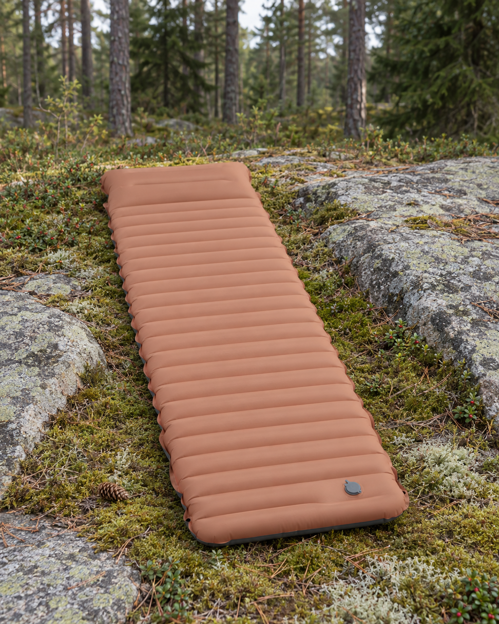 Brown inflatable sleeping mat laid out on moss between granite slabs in a pine forest clearing