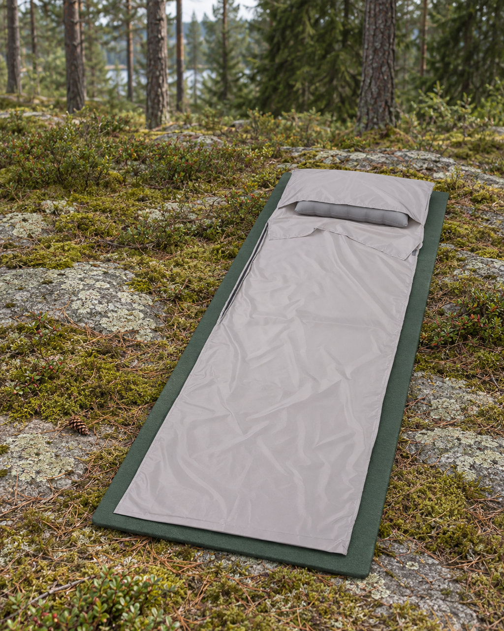 Light grey sleeping bag liner laid on a green foam mat on forest moss, a small grey pillow tucked under the head flap