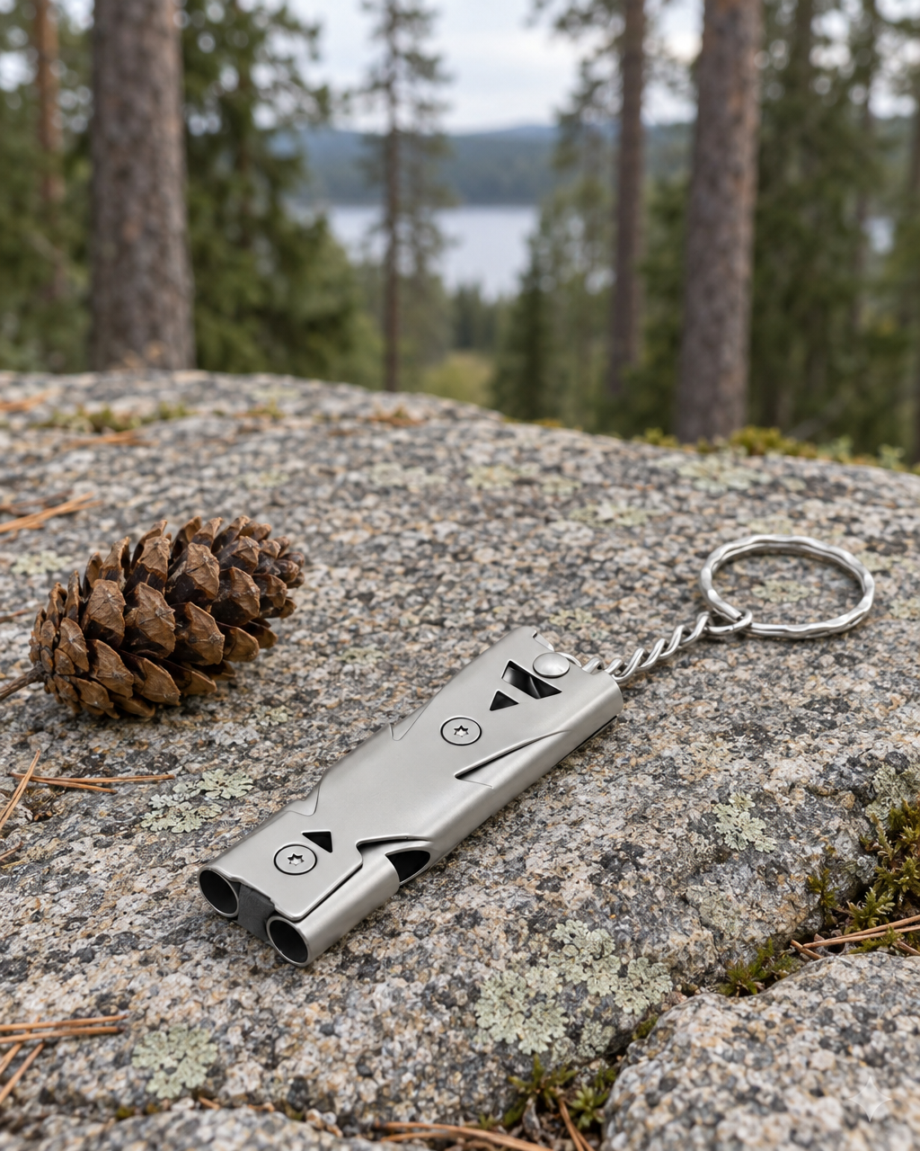 Silver grey double-tube whistle with its chain and split ring on a granite ledge beside a pine cone, forest and lake behind