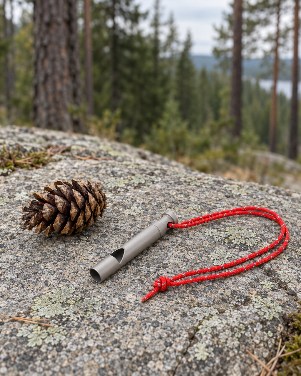 Titanium Grey whistle and its red reflective cord on a granite ledge beside a pine cone, pine forest behind