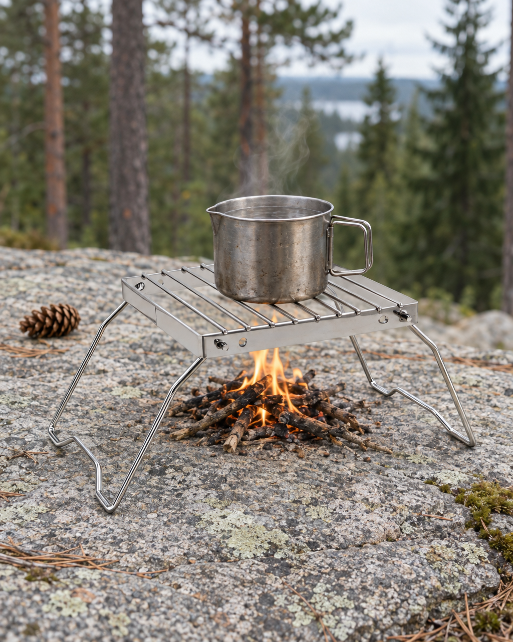 Folding stainless steel grill stand holding a small steel pot over a twig fire on a granite ledge in a pine forest