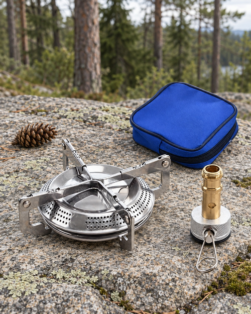 Camping stove burner, brass valve stem and blue pouch set out on a granite ledge beside a pine cone at the forest edge