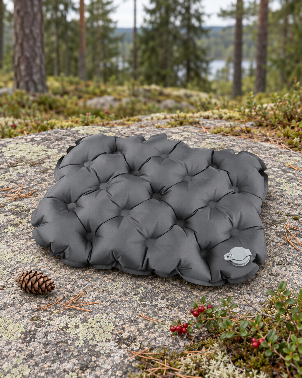 Charcoal inflatable seat cushion lying on a granite slab among lingonberry and pine needles at the edge of a pine forest
