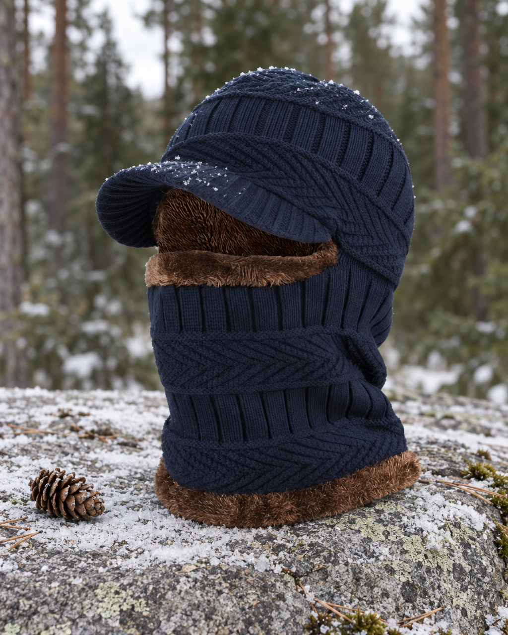 Navy knitted balaclava with a brim on a frosted granite ledge beside a pine cone, pine forest behind