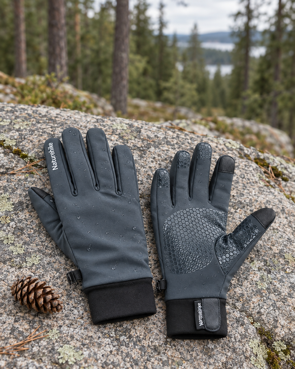 Slate grey hiking gloves with water beading on the shell lying on a granite ledge beside a pine cone