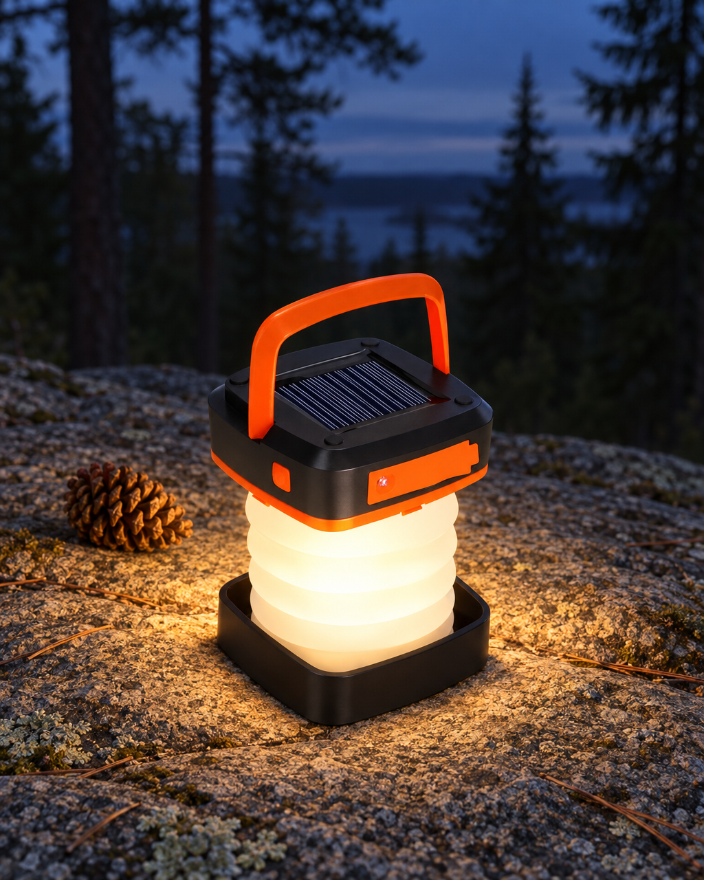 The collapsible lantern glowing warm white on a granite ledge at dusk, a pine forest behind