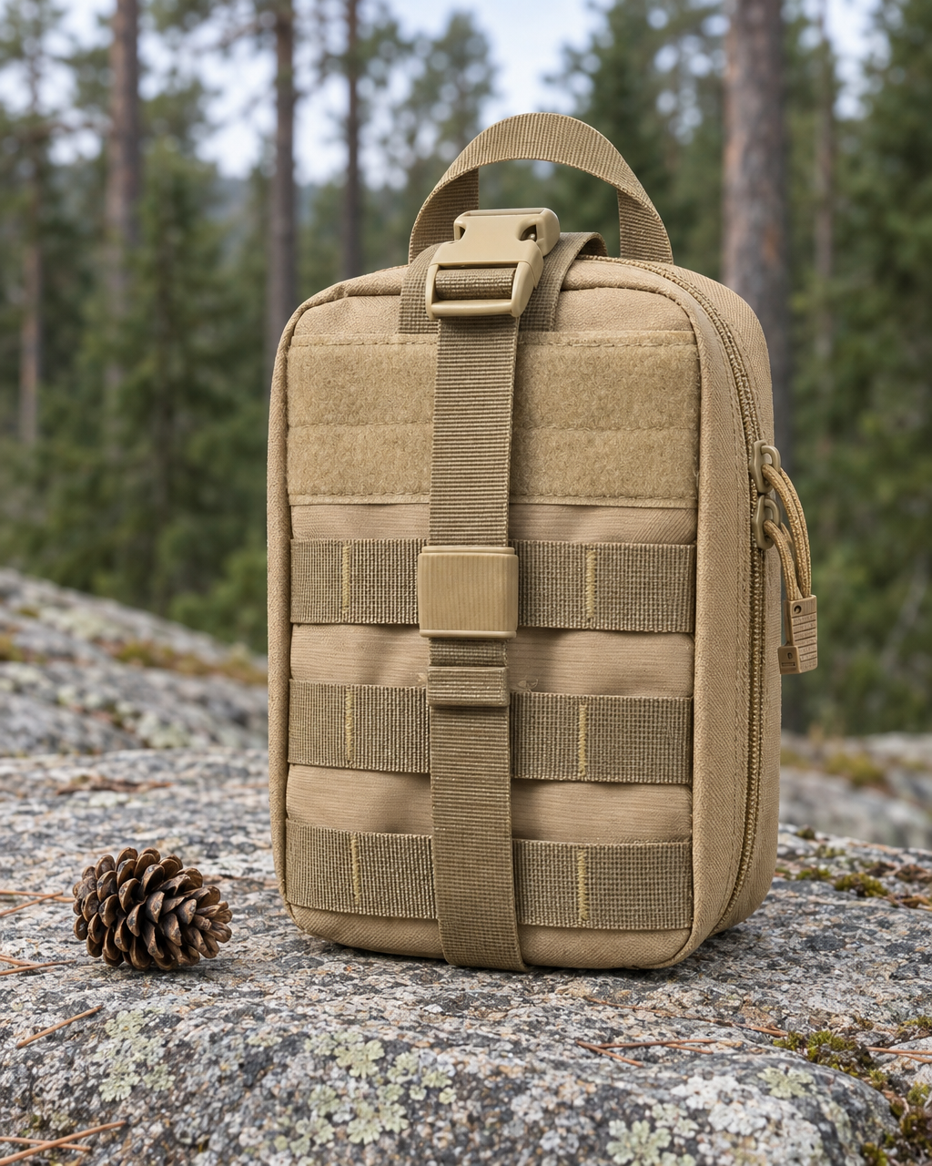 Khaki MOLLE pouch standing on a granite ledge at the edge of a pine forest, beside a pine cone