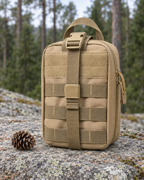 Khaki MOLLE pouch standing on a granite ledge at the edge of a pine forest, beside a pine cone