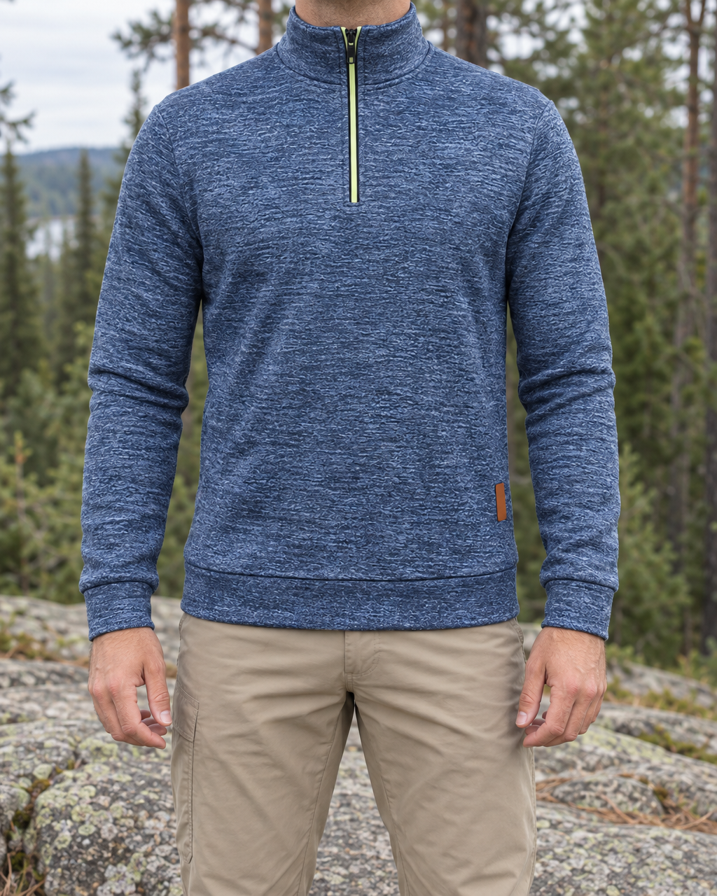 Man wearing the heather blue quarter-zip pullover zipped to the collar with beige trousers, standing on a granite ledge by a pine forest