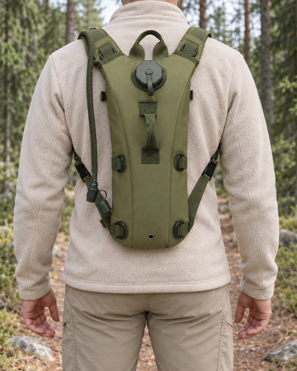 Hiker seen from behind on a pine forest trail wearing the olive green hydration pack over a cream fleece