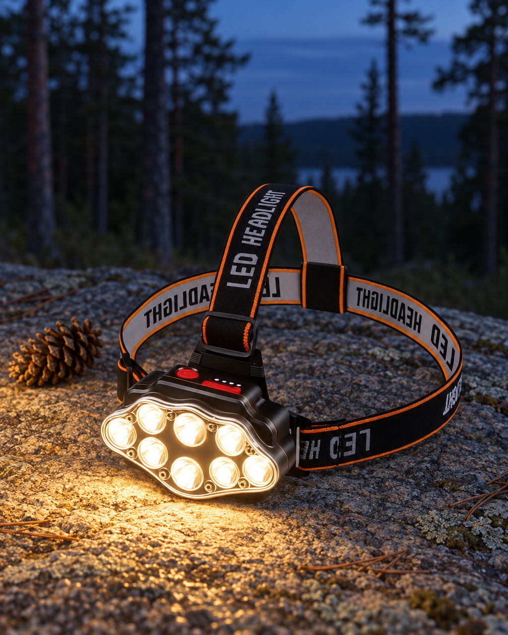 Headlamp switched on with all eight LEDs glowing, resting on a granite ledge at dusk beside a pine cone