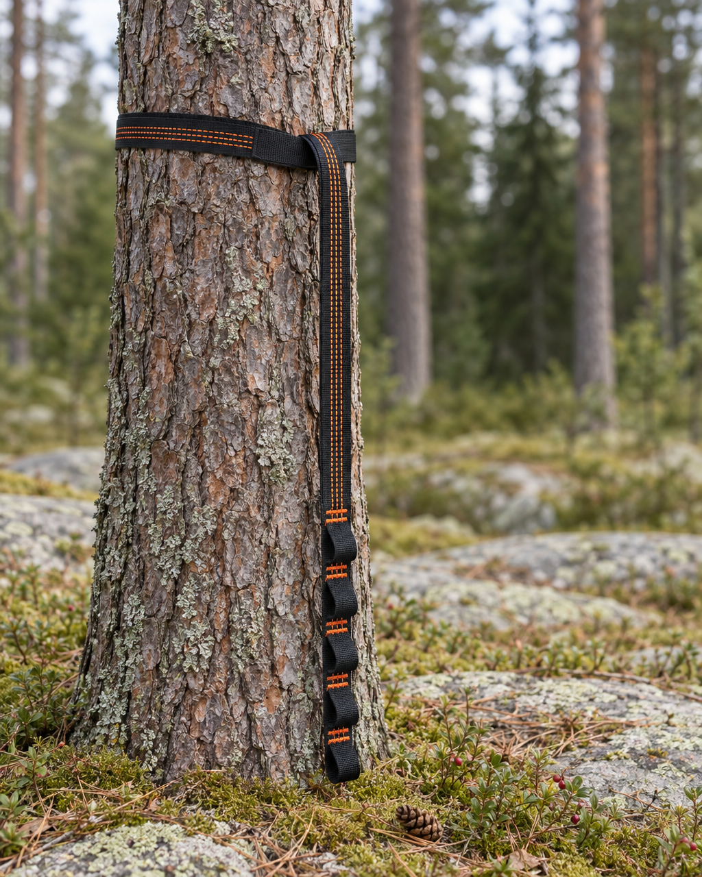 Black hammock tree strap with orange stitching wrapped round a pine trunk, its row of five sewn loops hanging down beside the tree