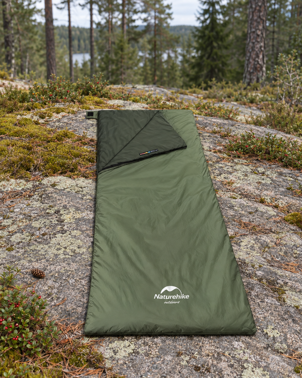 Army green envelope sleeping bag laid out on a granite slab among moss and lingonberry at the edge of a pine forest, its head corner folded back