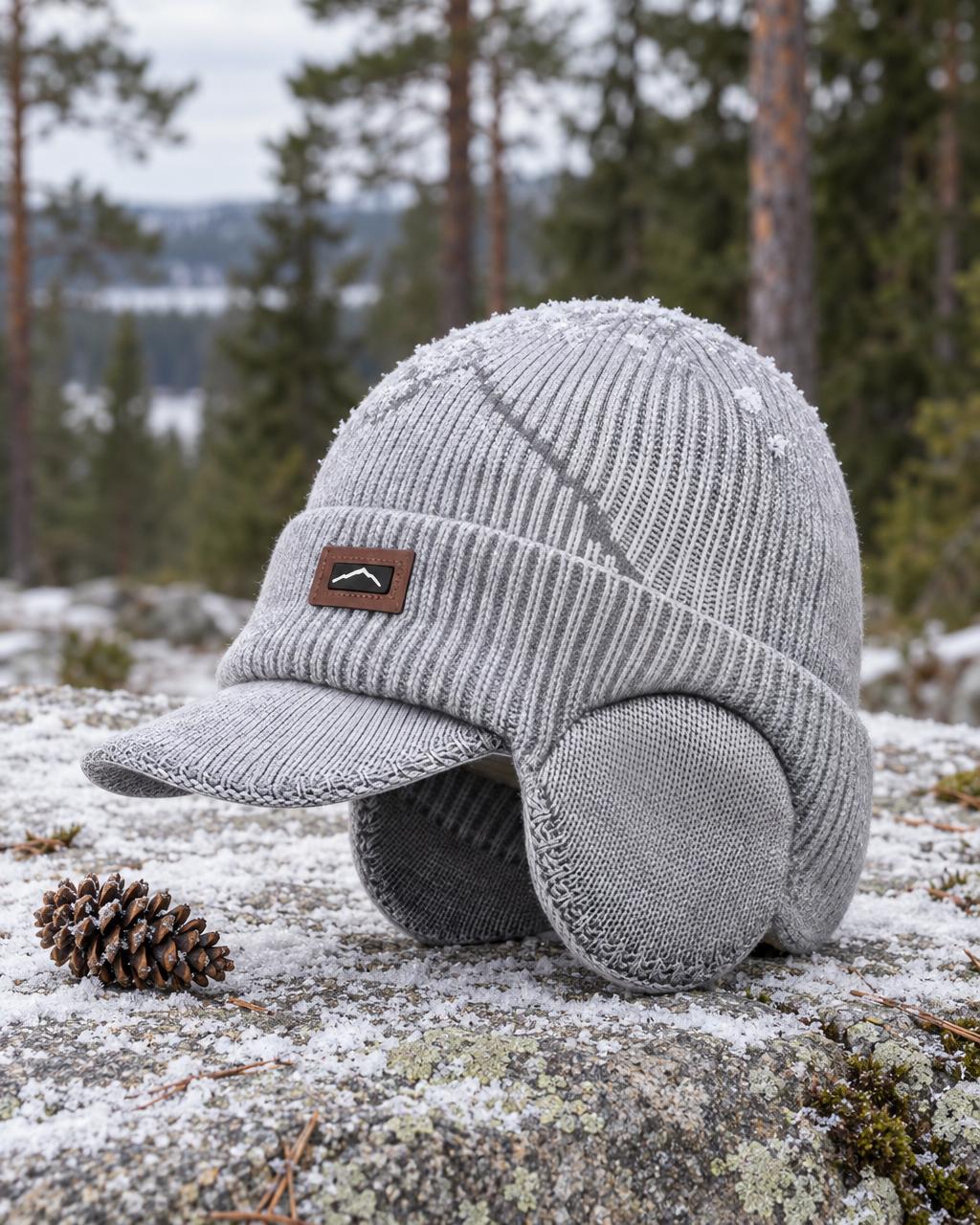 Light grey knitted peaked beanie with ear flaps on a frosted granite ledge beside a pine cone, pine forest and a lake behind