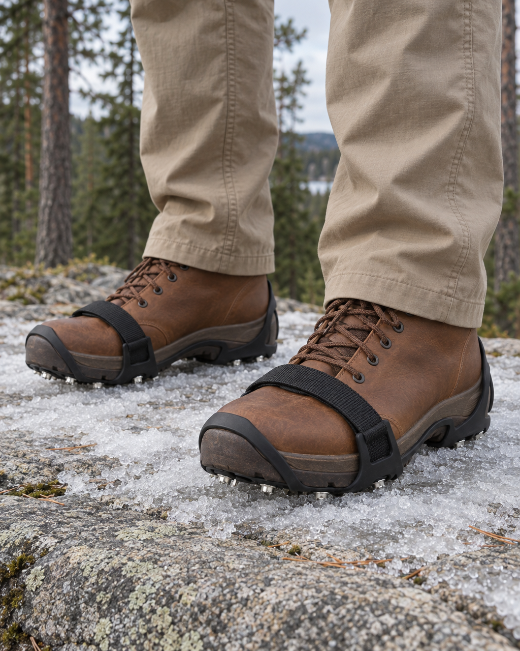 Brown leather hiking boots fitted with the black ice cleats, strap over the forefoot and studs biting into icy snow on a granite ledge