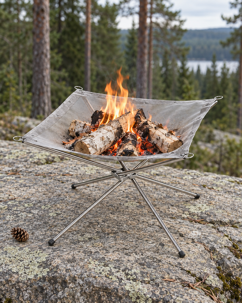 Small birch log fire burning in the folding stainless steel mesh fire pit on a granite ledge above a forest lake