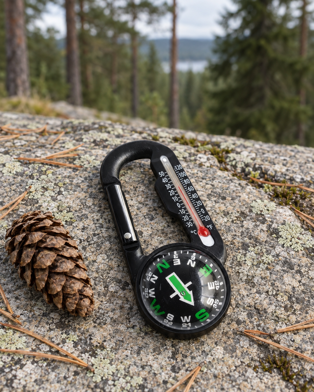 Black and green compass carabiner with its thermometer lying on a granite ledge beside a pine cone