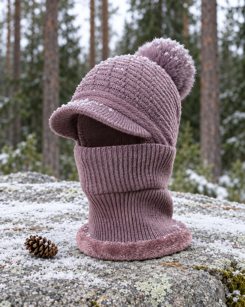 Mauve knitted brim beanie with pompom and neck warmer on a frosted granite ledge beside a pine cone, pine forest behind