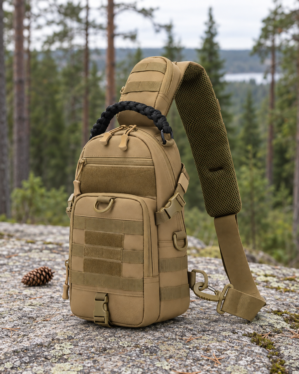 Sand beige sling bag standing on a granite ledge beside a pine cone, pine forest and a lake behind