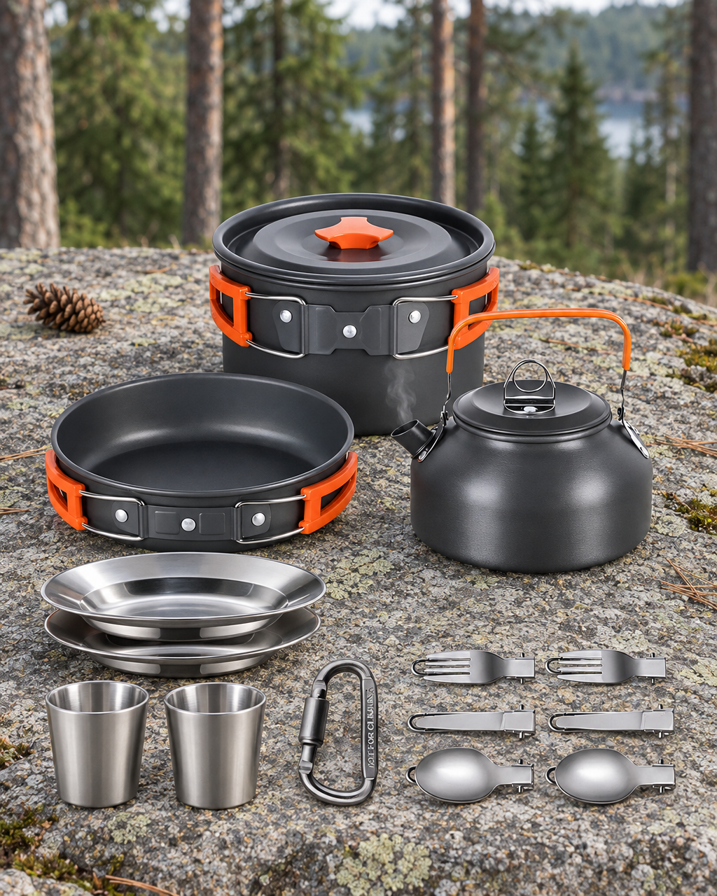 The black and orange camping cook set laid out on a granite ledge in a pine forest, steam rising from the kettle