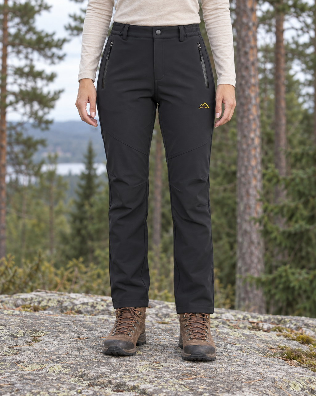 Woman wearing the black fleece-lined softshell hiking trousers with brown hiking boots on a granite ledge in a pine forest, waist to feet