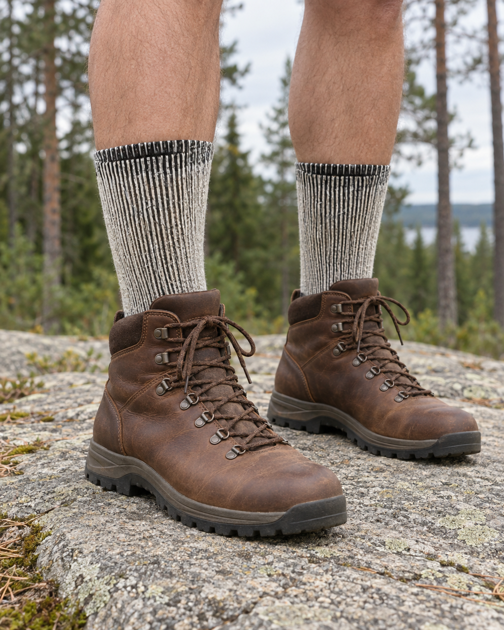 Light grey merino wool hiking socks worn pulled up to mid-calf above brown leather hiking boots, standing on a granite ledge at the edge of a pine forest