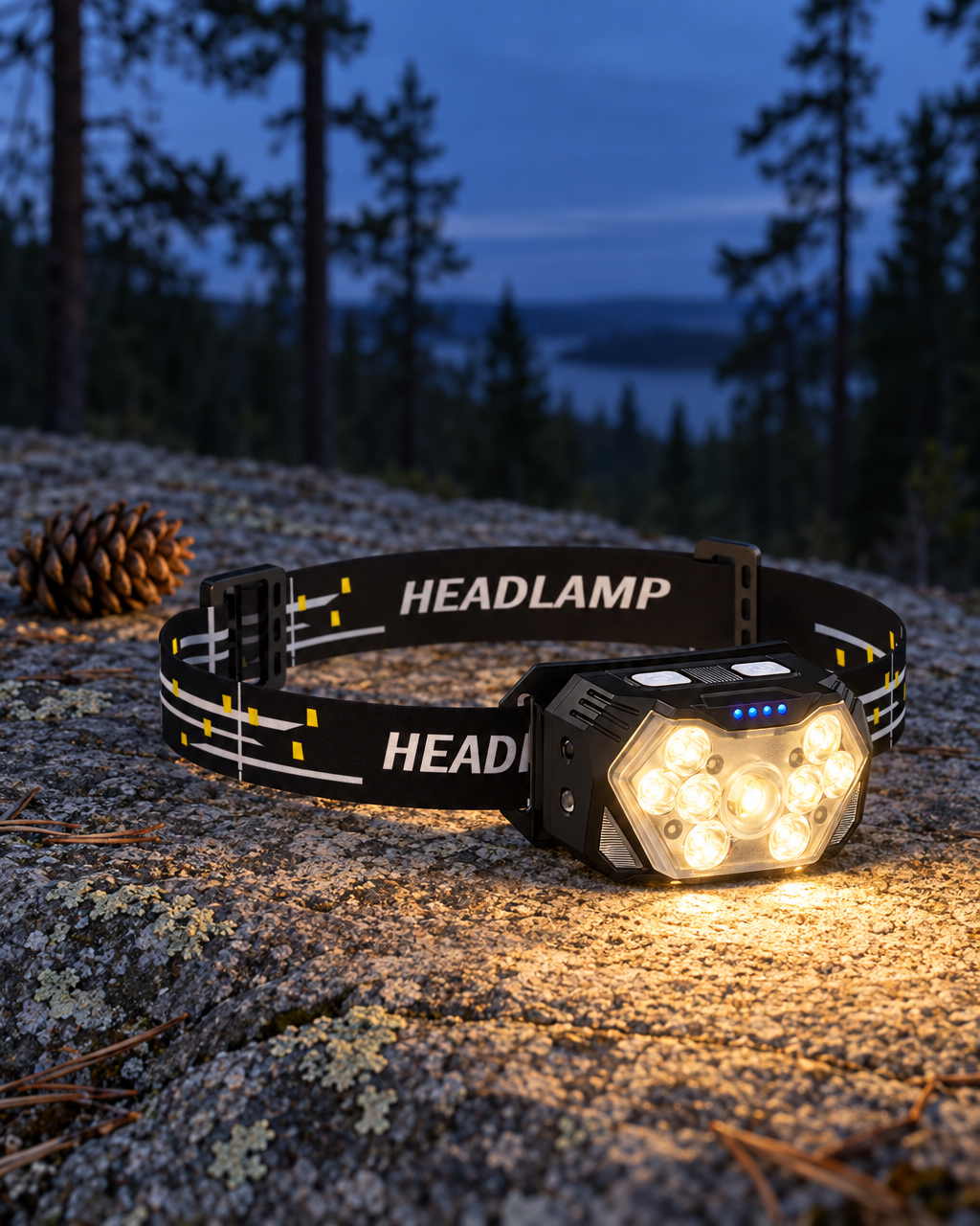Headlamp switched on with all nine LEDs glowing, resting on a granite ledge at dusk beside a pine cone